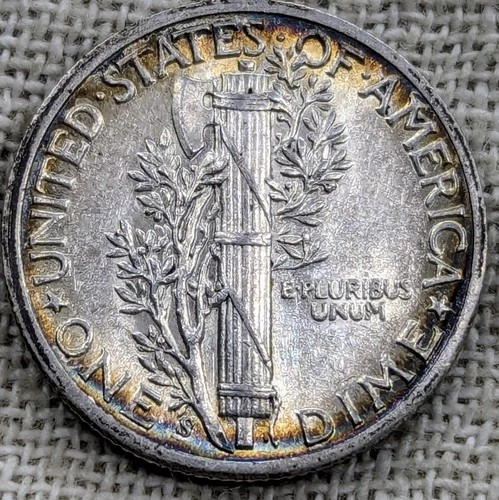 1944 S Mercury Dime AU BU : Rainbow Tone, Almost Uncirculated - .9 Fine Silver