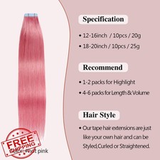 Sunya Tape In Hair Extensions Human Hair Hot Pink 18" Straight 10pc