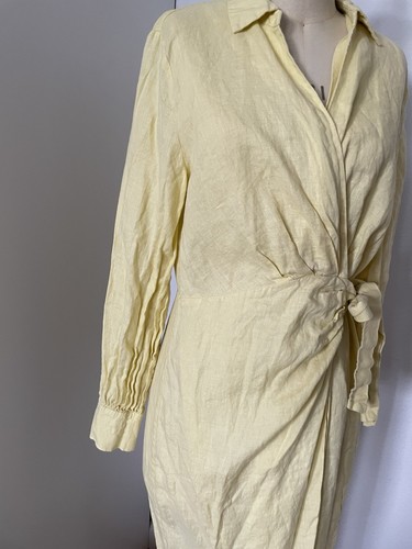 Magaschoni 100% Linen Wrap Midi Dress, Size 10 Butter Yellow Lemon - Picture 3 of 9