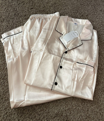 Womens SWOMOG XL Satin 2pc Pajama Set Button Front Collared Long Sleeve Pink