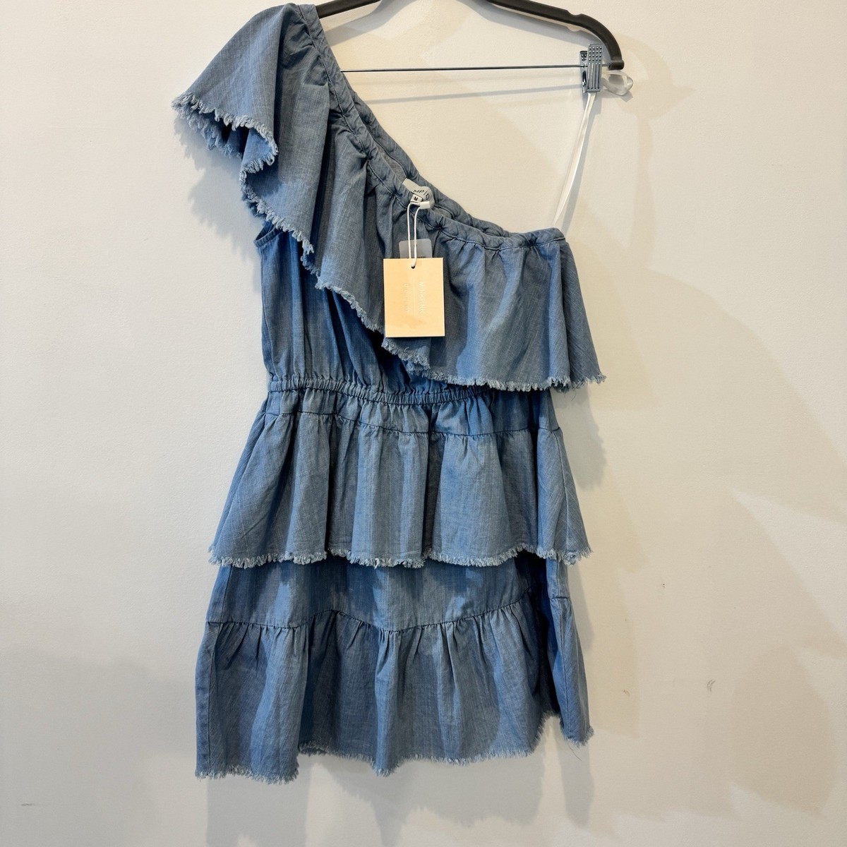 Mink Pink One Shoulder Denim Ruffle Dress Size M