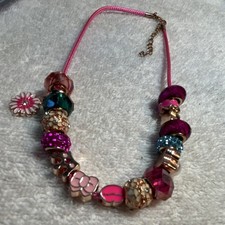 Girls Pink Beaded Charm Necklace Adjustable Flower Pendant Glass Multicolor