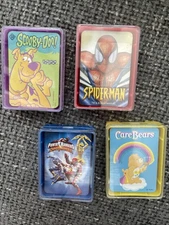 4 Retro Miniature Playing Cards In Cases Cartoon Themed Scooby Care Bears +2