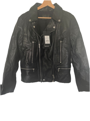French Connection Clare schwarze Leder-Bikerjacke UK 12 UVP 395 £ Gürtel fehlt!! - Bild 1 von 3