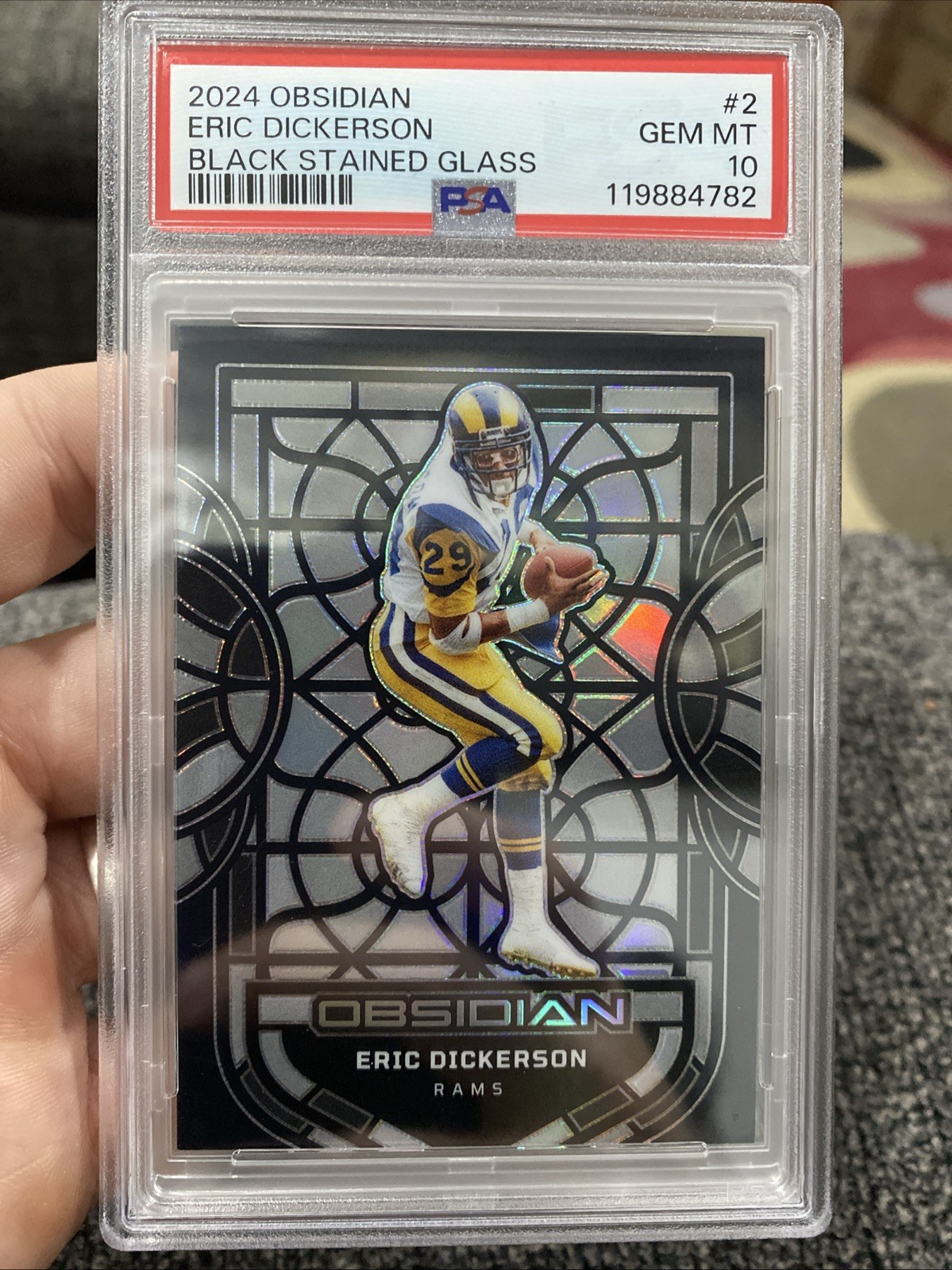 2024 Panini Obsidian Black Stained Glass #2 Eric Dickerson PSA 10 GEM RAMS🔥💎🏈