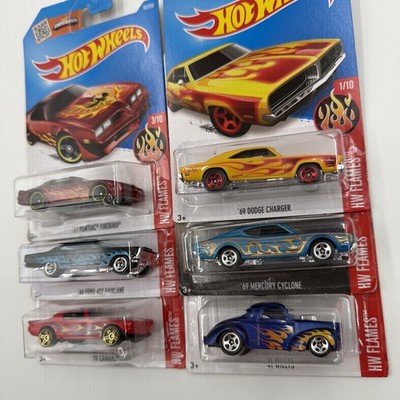 #4Hot Wheels HW FLAMES DODGE CHARGER FORD MERCURY CYCLONE PONTIAC CAMARO 6 cars