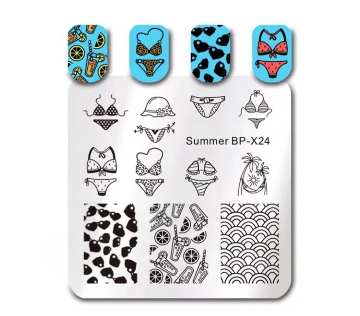 Born Pretty BP-X24 Verano Placa de Estampado de Uñas Traje de Baño Bikini Arco Iris Ondas Corazones Foto 2 de 4