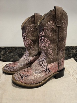 Old West Boots Youth 12 Western Cowboy Pink Sparkle Faux Leather Mid-Calf NEW