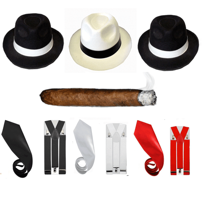 Homme adulte proxénète gangster chapeau bretelles cravate et cigare set années 1920 mafia déguisement