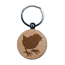 Baby Chick Chicken Standing Solid Engraved Wood Round Keychain Tag Charm