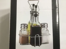 Condiment Set 5 pc Oil & Vinegar Bottles Salt & Pepper Shakers Wire Caddy New