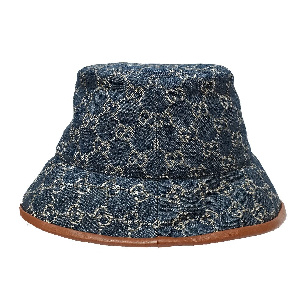 NWT Gucci Washed Jacquard Denim Nappa GG Monogram Oscar Bucket Hat M