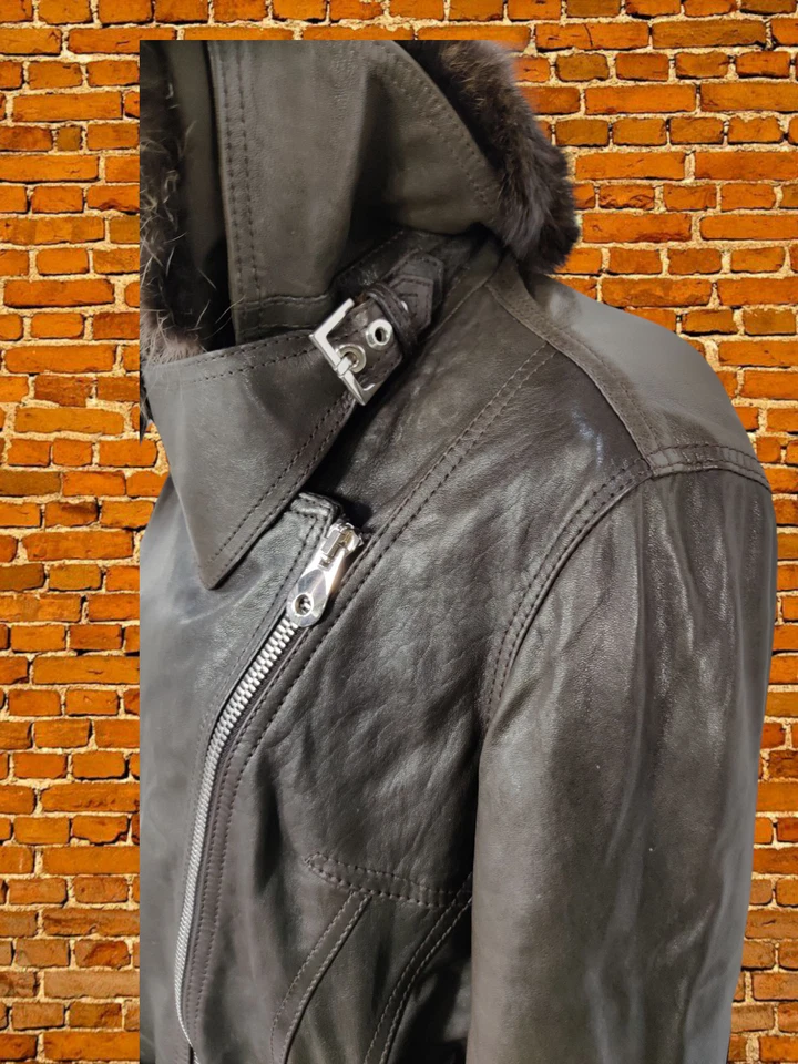 SEM VERA PELLE MOCHA BIKER JACKET COAT SIZE UK 10 LEATHER WOMENS BUCKLE BELT - Image 3 of 4