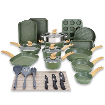 30 Piece Cookware Set Induction Pots and Pans Set Nonstick Granite Bakeware Set