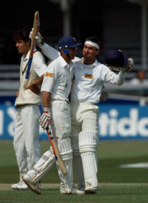 Graham Thorpe celebrates with Nasser Hussain after scoring a - Old Cricket Photo