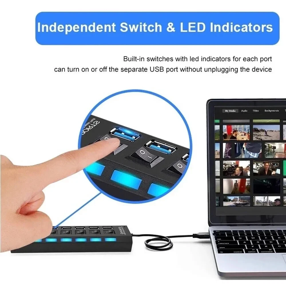 USB Hub 7 Port Multi USB Splitter Power Adapter Multiple Expander