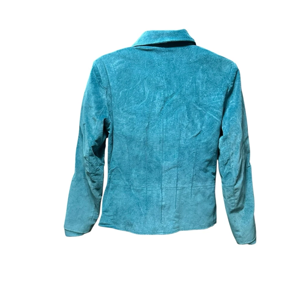 Blazer feminino Parisian Signature jaqueta pequena média couro camurça azul-petróleo - Imagem 4 de 4