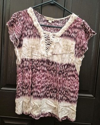 One World M Womens Blouse Cranberry Ivory And Beige Nice Design Good Condition 