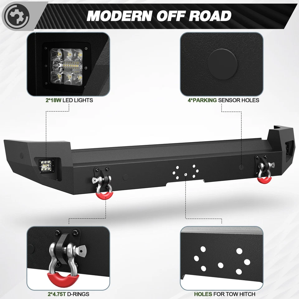 For 2007-2014 Toyota FJ Cruiser Rear Bumper with Sensor Hole +LED Lights+D-rings Foto 3 de 4