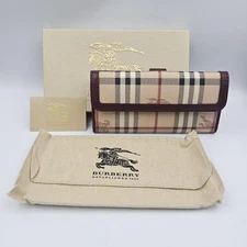 Burberry Haymarket Check Coated Canvas & Burgundy Leather Envelope Wallet w/ Box