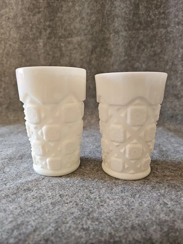 Vintage Westmoreland White Milk Glass Tumblers Old Quilt Pattern Set Of 2