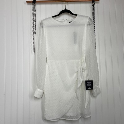 NWT Lulu s Much Love White Swiss Dot Long Sleeve Tie-Front Mini Dress Size S