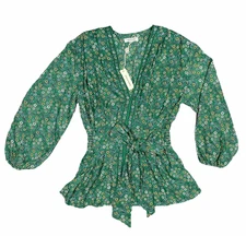 Max Studio Womens Green Crepe Floral 3/4 Sleeve Tie Front Blouse Top - Size M