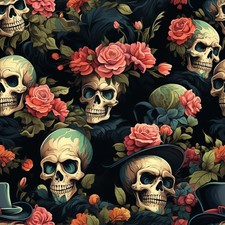Skulls and flowers Printed Cotton Fabric By The Yard