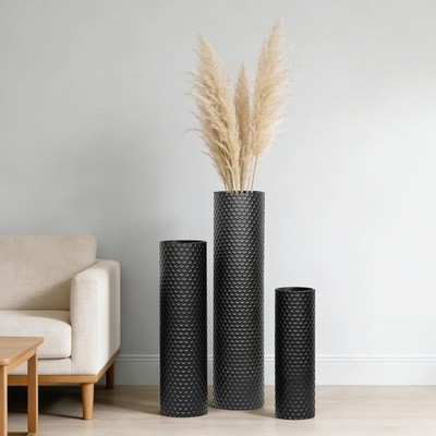 Bodenvase Set 3 große Metallvasen Schwarz moderne Deko Wabenstruktur