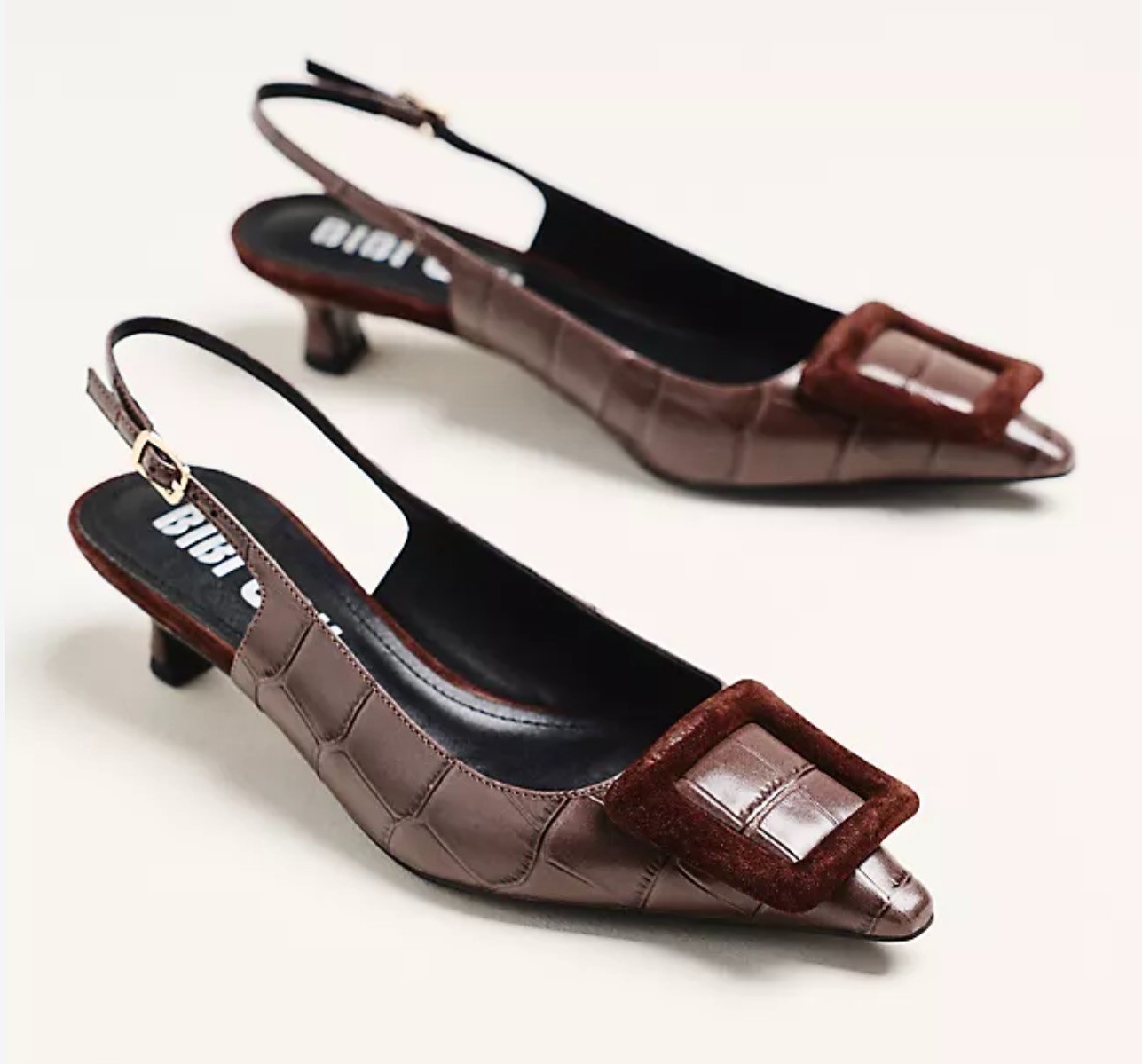 Anthropologie Bibi Lou Robin 2 Slingback Kitten Heels Brown Croc 36/5-5.5 NIB