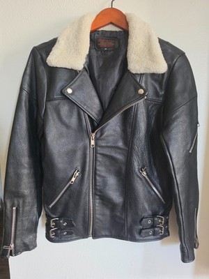Pele Che Coco Reworked Leather Moto Jacket Sherpa Collar Black Size M