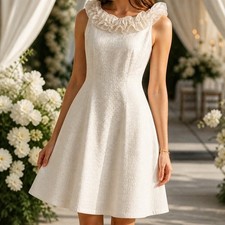 NWT Sangria White Textured Eyelet A-Line Cocktail Dress with Ruffle Neck 4024