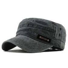 Military Hat Short Brim Flat Top Army Cadet Washed Distressed Black Cap