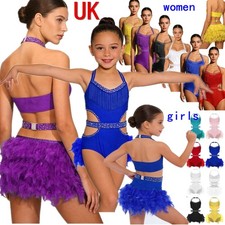 UK Women Girls Latin Jazz Showgirl Feather Leotard Ballroom Rumba Samba Bodysuit