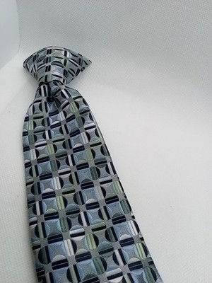 Bergamo New York Geometrical Design Clipon Polyester Necktie Blue Gray Green