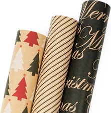 LaRibbons Kraft Christmas Wrapping 17 Inch x 10 Feet-3Roll, Tree 