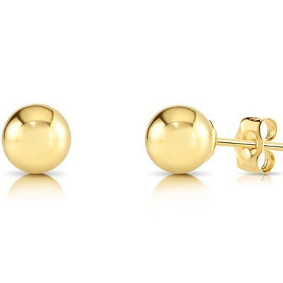 14K Real Solid Yellow Gold Round Ball Bead Sleeper Stud Earrings Pushback  3-8mm