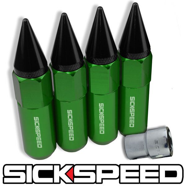 SICKSPEED 4 PC GREEN/BLACK SPIKED 60MM EXTENDED LOCKING LUG NUTS 1/2x20