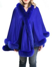 Blue Cashmere cape with Fox fur Collar Trim all around one size for all new