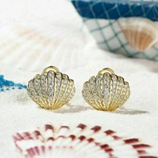 1Ct Lab Created Diamond Hoop Shell Shape Women's Earring 14k Yellow Gold Over