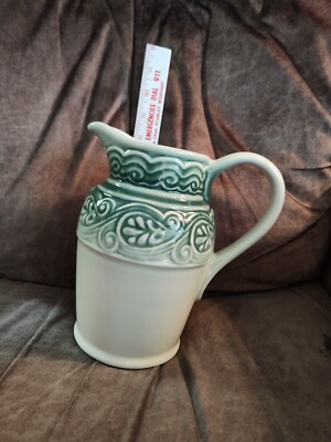 Longaberger Pottery Woven American Craft ACO Light Green Pitcher USA