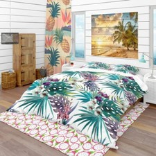 Pattern Orchid Hibiscus Leaves Watercolor Tropics Duvet Cover Set Full Queen