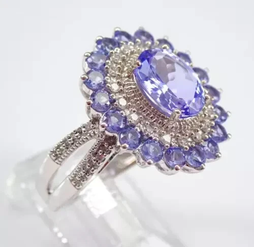 4 Ct Oval Tanzanite Lab-Created Flower Halo Engagement Ring 14K White Gold Over - Image 2 of 4