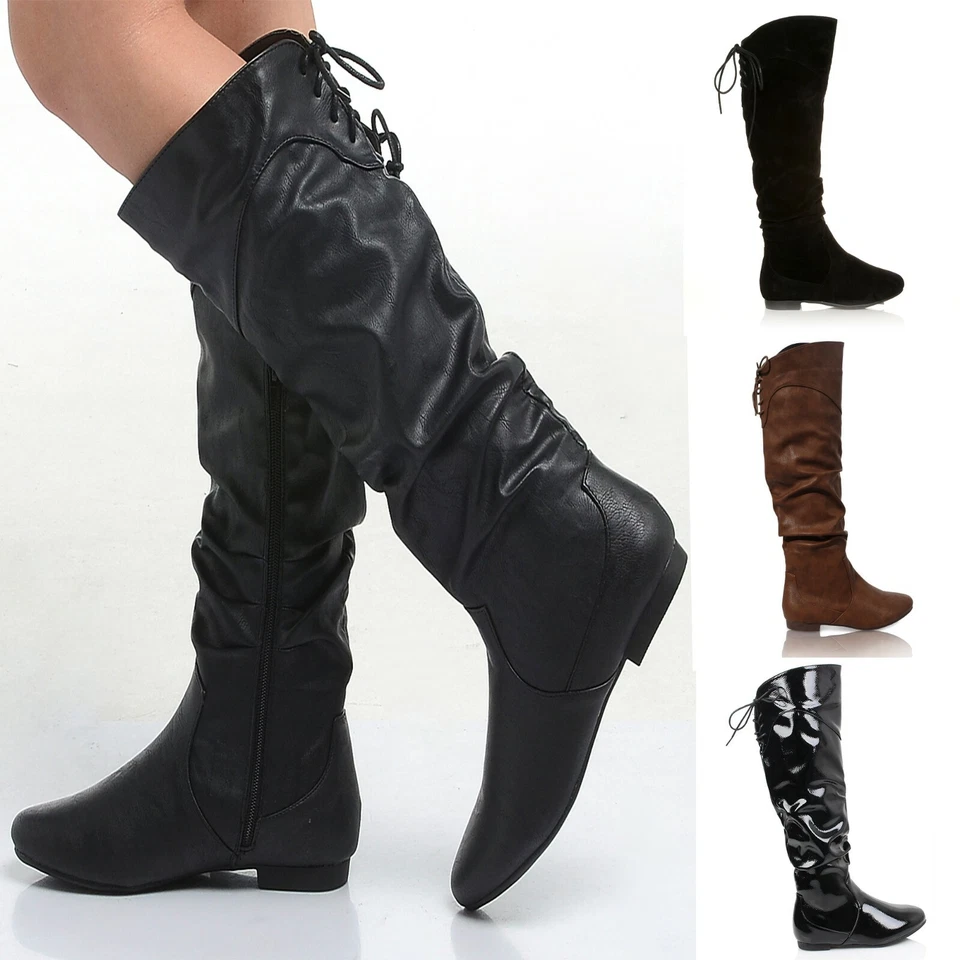 Womens Slouchy Mid Calf Boots Ladies Laces Zip Knee High Long Riding Flat Shoes
