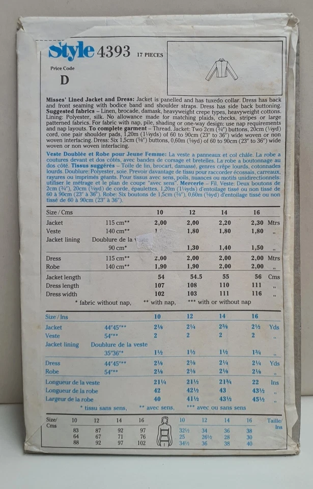 Bruce Oldfield for Style Sewing Pattern 4393 Size 14 c1985 Lined Jacket & Dress - Image 2 of 4