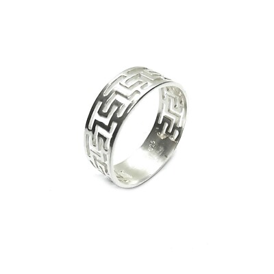 925 Silver Ring Band Meander Pattern Handmade - 7mm Width, Nickel Free