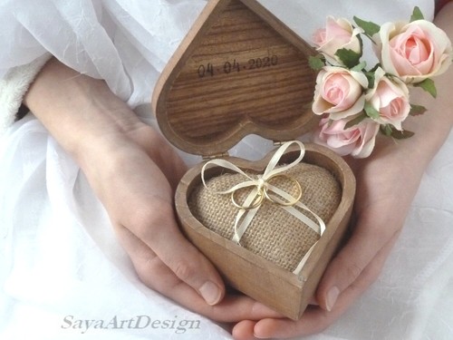 Wooden Ring Box Heart Shaped, Rustic Wedding Ring Bearer. Personalized Pillow. - Picture 2 of 8
