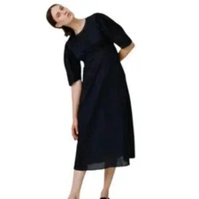 Karu Dairy Dress Long Length Midnight Blue Half Sleeves with Smocking Handmade