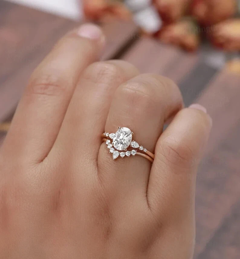 1.50CT Oval Cut Moissanite Cluster Curved Wedding Band Ring Set Rose Gold Plated