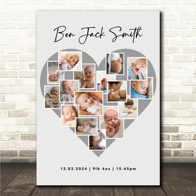 Fotocollage personalisiert Geschenk für neues Baby 16 Fotos grau Herz Druck oder Leinwand